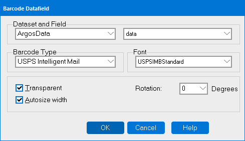 Barcode properties dialog showing the USPS Intelligent Mail barcode type and corresponding USPSIMBStandard font selected.